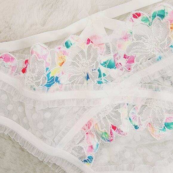 For Love and Lemons Outline White Rainbow Floral High Waisted Panty XXS NWT - Picture 4 of 13